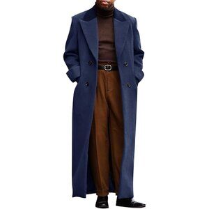 Men's Navy BlueFull Length Trench Coat Notched Lapel Long Jacket Double Breasted